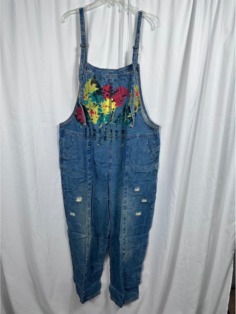 YESNO Denim Overalls with Colorful Graphic Print and Distressed Details 2XL